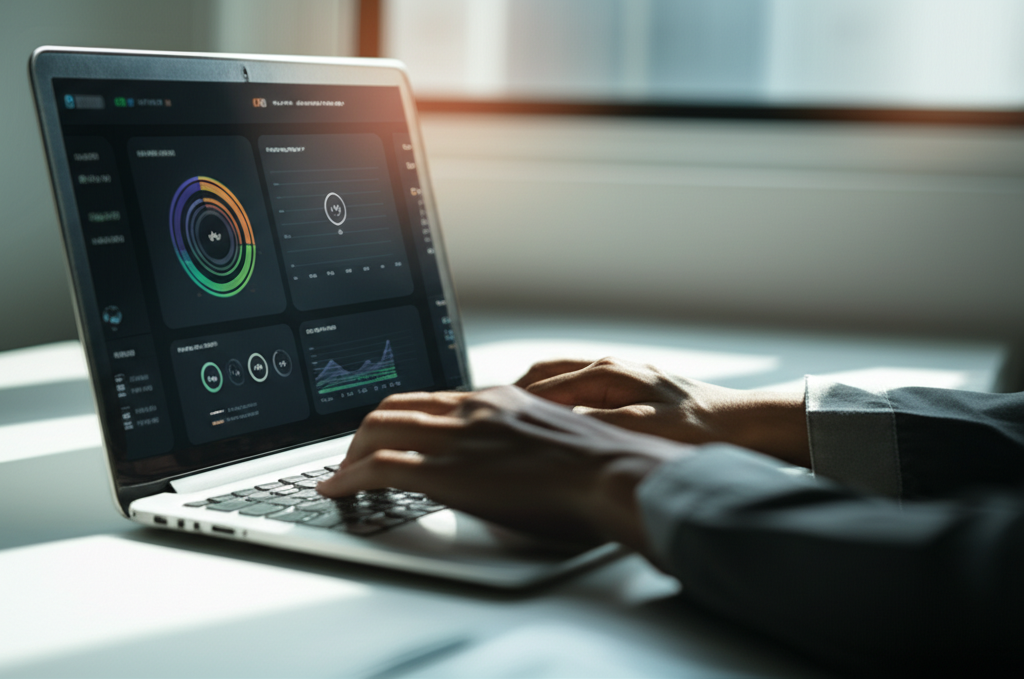 Modern IT workspace with analytics dashboard